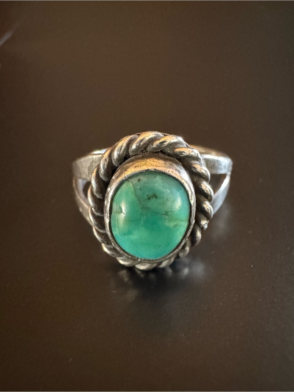 Sterling Silver Turquoise Cable Rope Bezel Split Shank Ring - Size 4